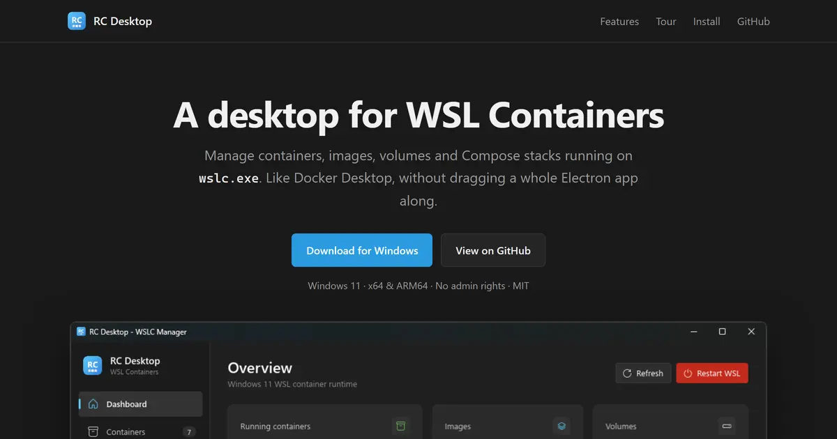 RC Desktop 대시보드. 실행 중 컨테이너 6/7, 이미지 7, 볼륨 6과 WSLC 세션 상태.