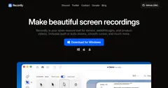 Recordly 편집기 화면. 왼쪽 배경·프레임 설정, 가운데 녹화 미리보기, 아래 타임라인의 1.5× 확대 구간이 보입니다.