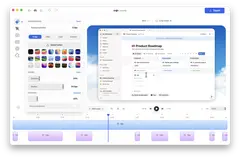 Recordly 편집기 화면. 왼쪽 배경·프레임 설정, 가운데 녹화 미리보기, 아래 타임라인의 1.5× 확대 구간이 보입니다.