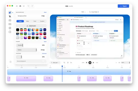 Recordly 편집기 화면. 왼쪽 배경·프레임 설정, 가운데 녹화 미리보기, 아래 타임라인의 1.5× 확대 구간이 보입니다.