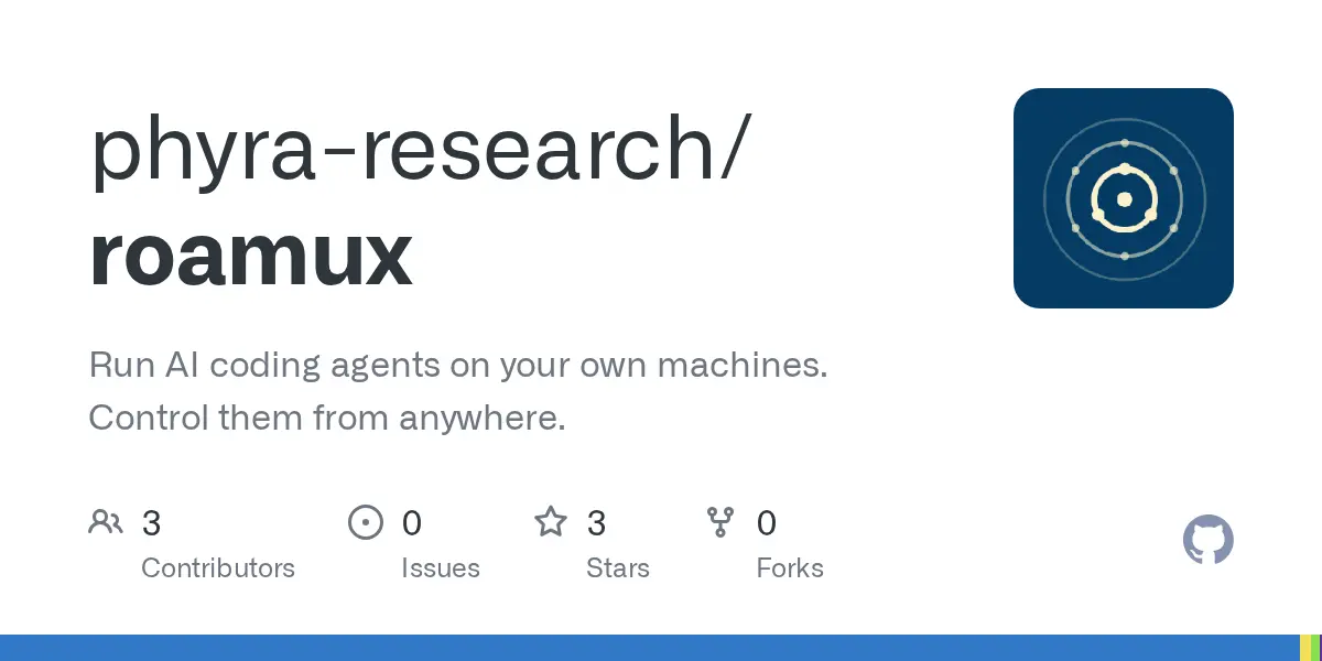 phyra-research/roamux 저장소의 GitHub 소셜 카드. 왼쪽에 이름과 한 줄 설명, 오른쪽에 남색 원형 로고.