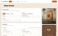 The Roastbook demo: the line "Chase the perfect extraction" with cards for brews logged, bags in rotation and brews this month, and a recent-brews list below.