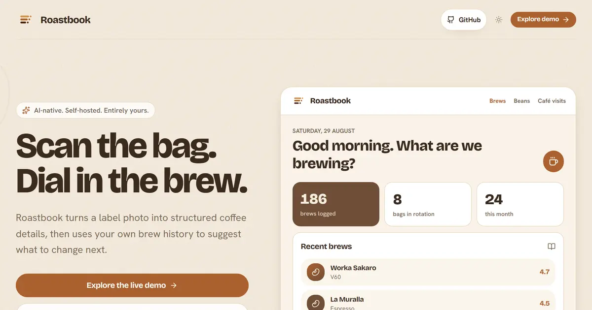 The Roastbook demo: the line "Chase the perfect extraction" with cards for brews logged, bags in rotation and brews this month, and a recent-brews list below.