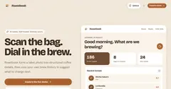 The Roastbook demo: the line "Chase the perfect extraction" with cards for brews logged, bags in rotation and brews this month, and a recent-brews list below.