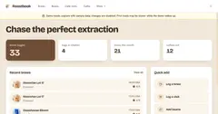 The Roastbook demo: the line "Chase the perfect extraction" with cards for brews logged, bags in rotation and brews this month, and a recent-brews list below.