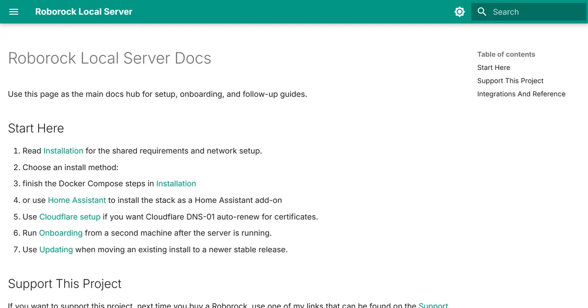 The Roborock Local Server docs: start-here steps covering installation, Docker Compose, Home Assistant and onboarding.