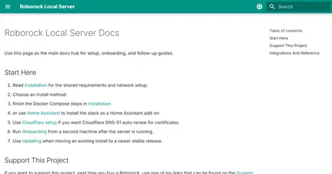 The Roborock Local Server docs: start-here steps covering installation, Docker Compose, Home Assistant and onboarding.
