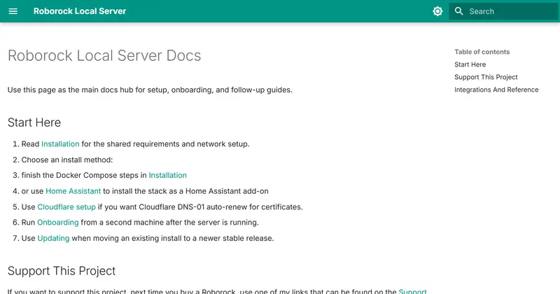 Roborock Local Server 문서 첫 화면. 설치, 도커 컴포즈, Home Assistant, 온보딩 순서의 시작 안내가 보인다.