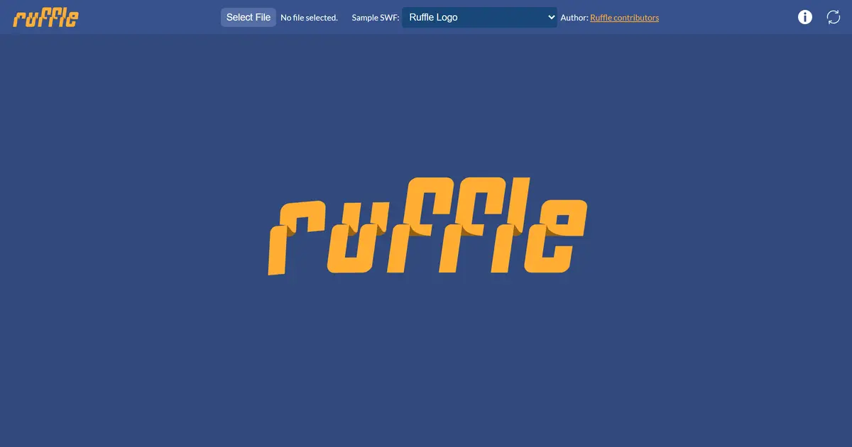 The Ruffle web demo: a file picker bar at the top and the Flash-built Ruffle logo animation playing in the middle.