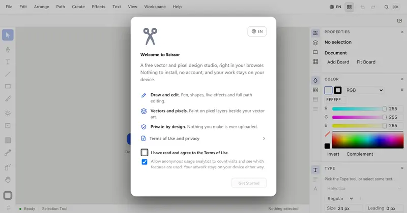 Scissor's first screen: a welcome dialog over the editor, with the toolbar and the properties and colour panels behind it.
