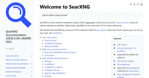 The SearXNG documentation home page: 'Welcome to SearXNG', 'Search without being tracked', and a features list.