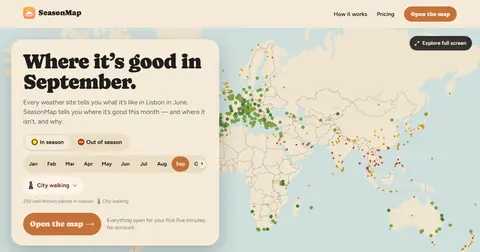 SeasonMap: 'Where it's good in September', a month picker, and a world map with in-season places as green dots.