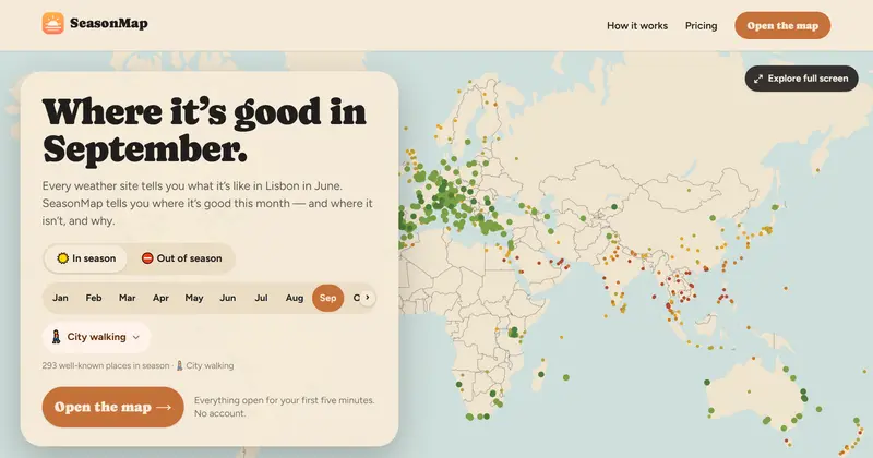 SeasonMap: 'Where it's good in September', a month picker, and a world map with in-season places as green dots.