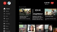 The SmartTube home screen, with a menu of Home, Shorts, Trending and Kids on the left and recommended videos on the right.