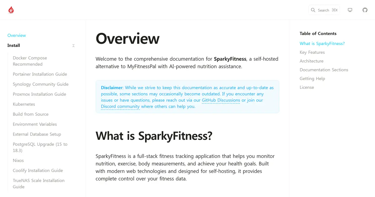 SparkyFitness 대시보드. 오늘 먹은 칼로리·소모 칼로리·수분 섭취량과 14일 영양 추이 그래프가 표시되어 있습니다.