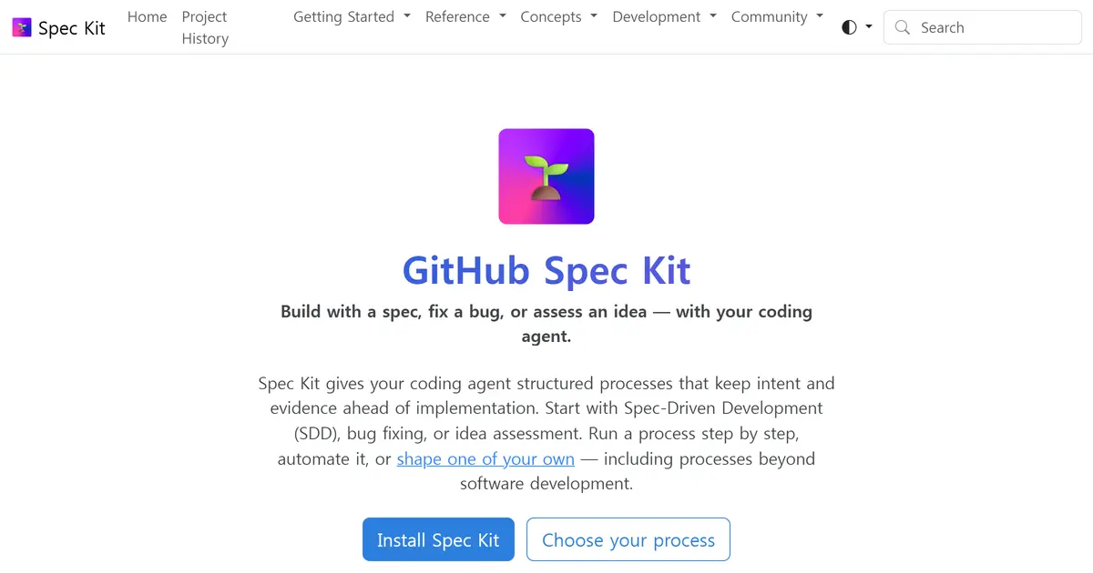 Spec Kit 공식 문서 첫 화면 — '스펙으로 만들고, 버그를 고치고, 아이디어를 평가하라' 표제와 uv tool install specify-cli 설치 명령