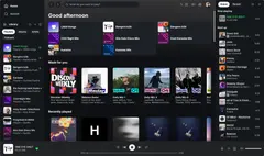 Spotifast 홈 화면: 왼쪽 라이브러리에 플레이리스트 목록, 가운데 'Good afternoon' 바로가기와 Made for you·Recently played 선반, 오른쪽 Queue 패널의 Now playing·Next up, 아래 재생 바