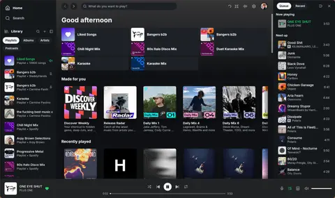 Spotifast 홈 화면: 왼쪽 라이브러리에 플레이리스트 목록, 가운데 'Good afternoon' 바로가기와 Made for you·Recently played 선반, 오른쪽 Queue 패널의 Now playing·Next up, 아래 재생 바