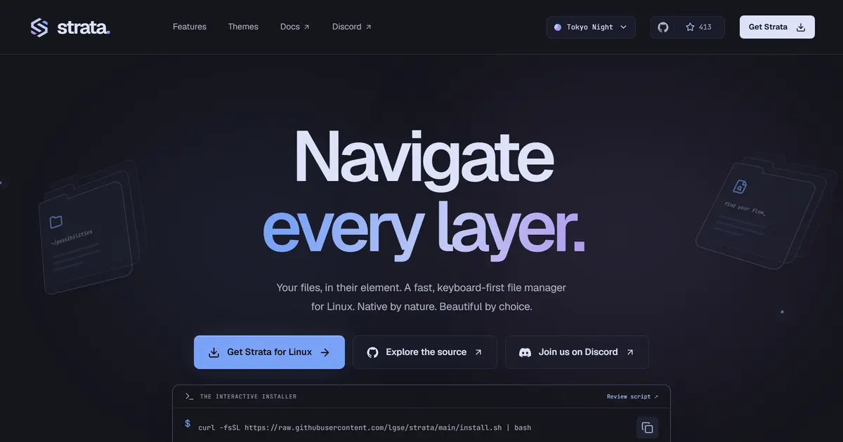 Strata 파일 관리자 창(어두운 테마): 왼쪽 사이드바에 Home·Trash·Network와 Documents·Downloads 등 폴더, 가운데 세 개의 Miller 컬럼으로 홈 → Documents → strata-pdf-samples 폴더를 열어 PDF 파일 세 개가 보임