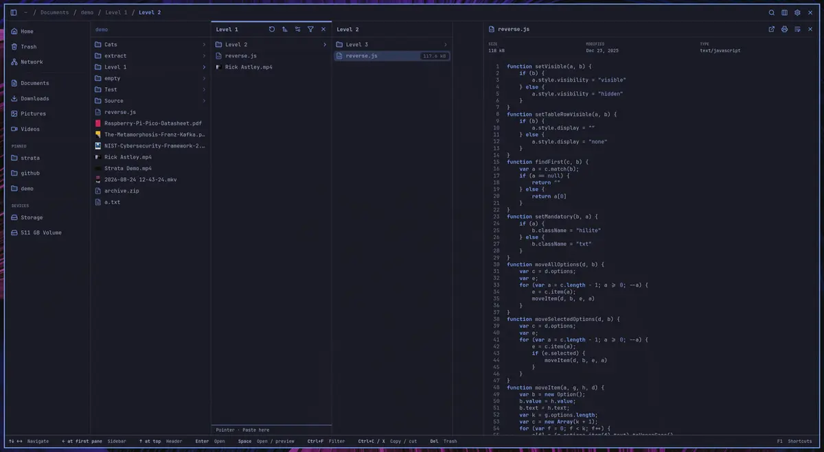 Strata 파일 관리자 창(어두운 테마): 왼쪽 사이드바에 Home·Trash·Network와 Documents·Downloads 등 폴더, 가운데 세 개의 Miller 컬럼으로 홈 → Documents → strata-pdf-samples 폴더를 열어 PDF 파일 세 개가 보임