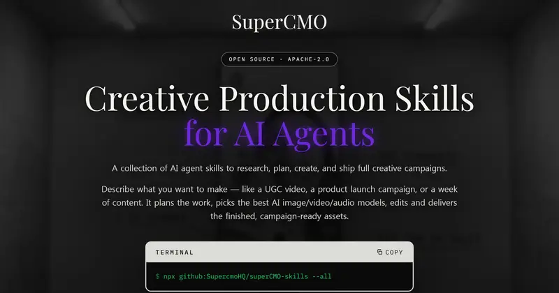SuperCMO 사이트 첫 화면. 'Creative Production Skills for AI Agents' 문구와 Apache-2.0 표시, 설치 명령 상자.