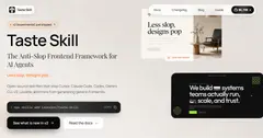 Taste Skill 배너. 베이지 배경에 로고와 'Anti-Slop Frontend Framework' 문구, 흰 UI 목업 그래픽.