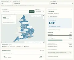 The Tax Map: a map of England and a Leicester comparison showing an estimated £741 decrease.