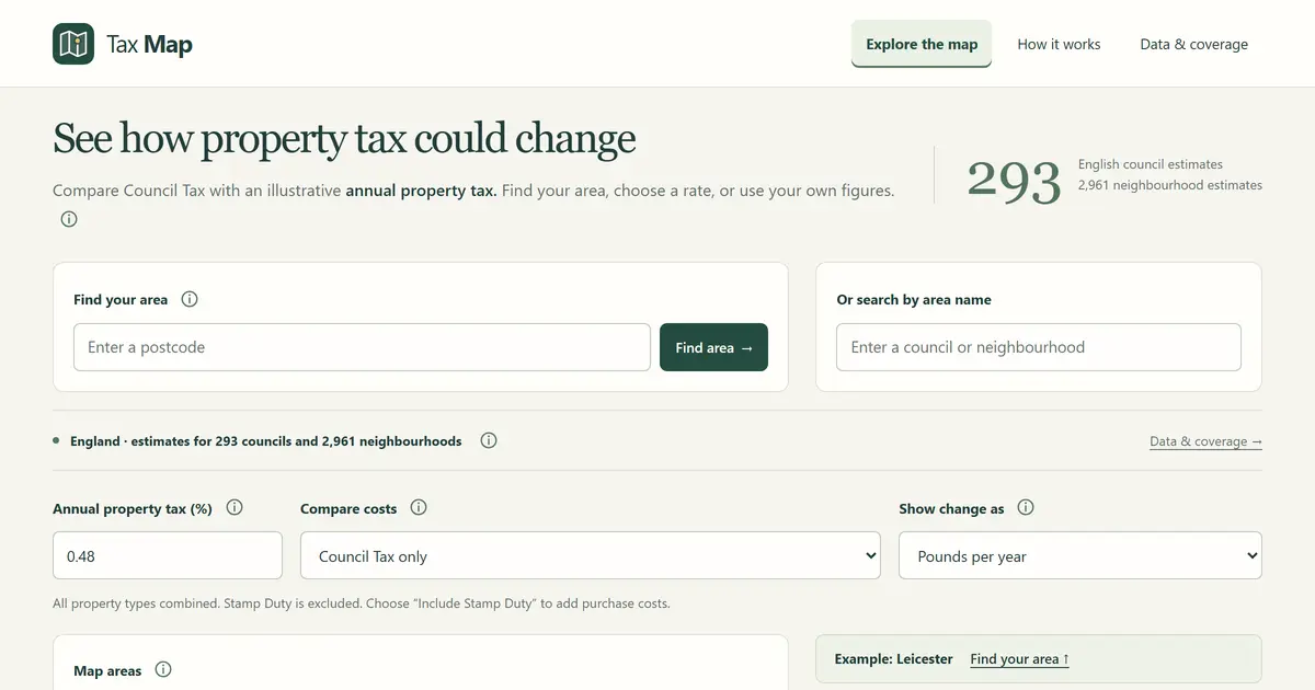 The Tax Map: a map of England and a Leicester comparison showing an estimated £741 decrease.