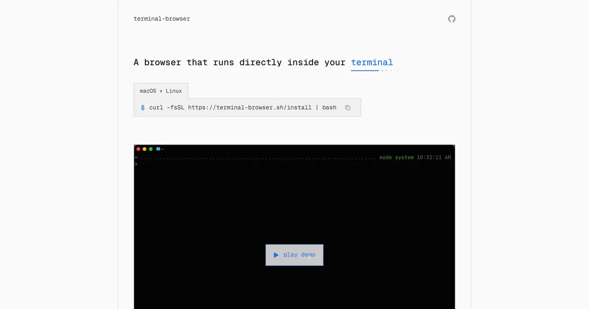 터미널 분할 창 — 왼쪽에 코딩 에이전트 대화, 오른쪽 terminal-browser 창에 웹페이지가 실제로 렌더링된 모습