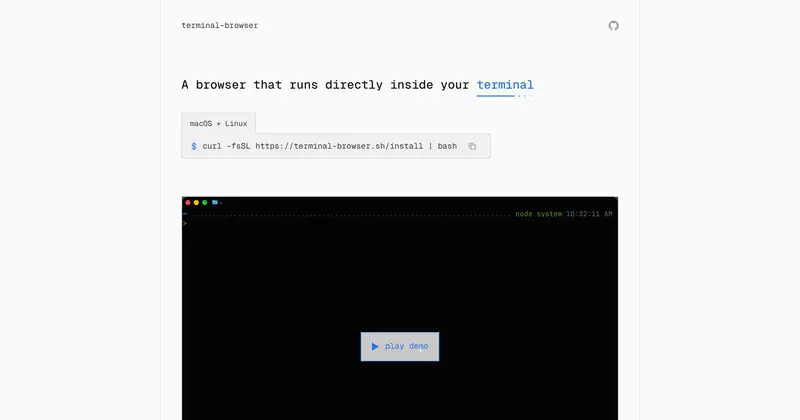 터미널 분할 창 — 왼쪽에 코딩 에이전트 대화, 오른쪽 terminal-browser 창에 웹페이지가 실제로 렌더링된 모습