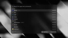 Tinycast 명령 팔레트 — 검색창 아래로 앱 목록이 떠 있는 macOS 화면