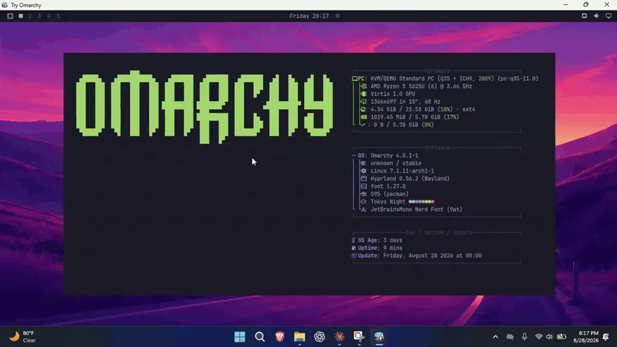 The Omarchy desktop inside the Try Omarchy window: a purple sunset wallpaper with Update System and Learn Keybindings notices in the top right.