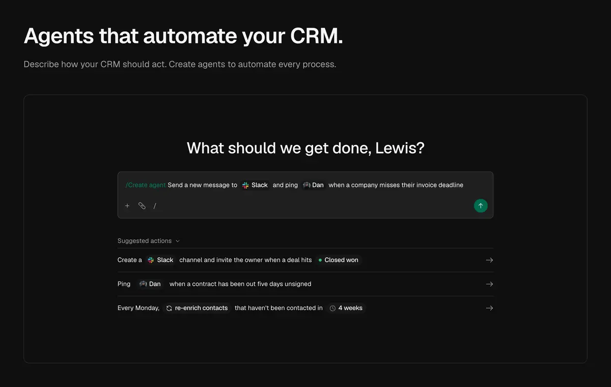 회사 목록과 한 계정의 Agent 탭이 열린 Comp AI CRM 화면
