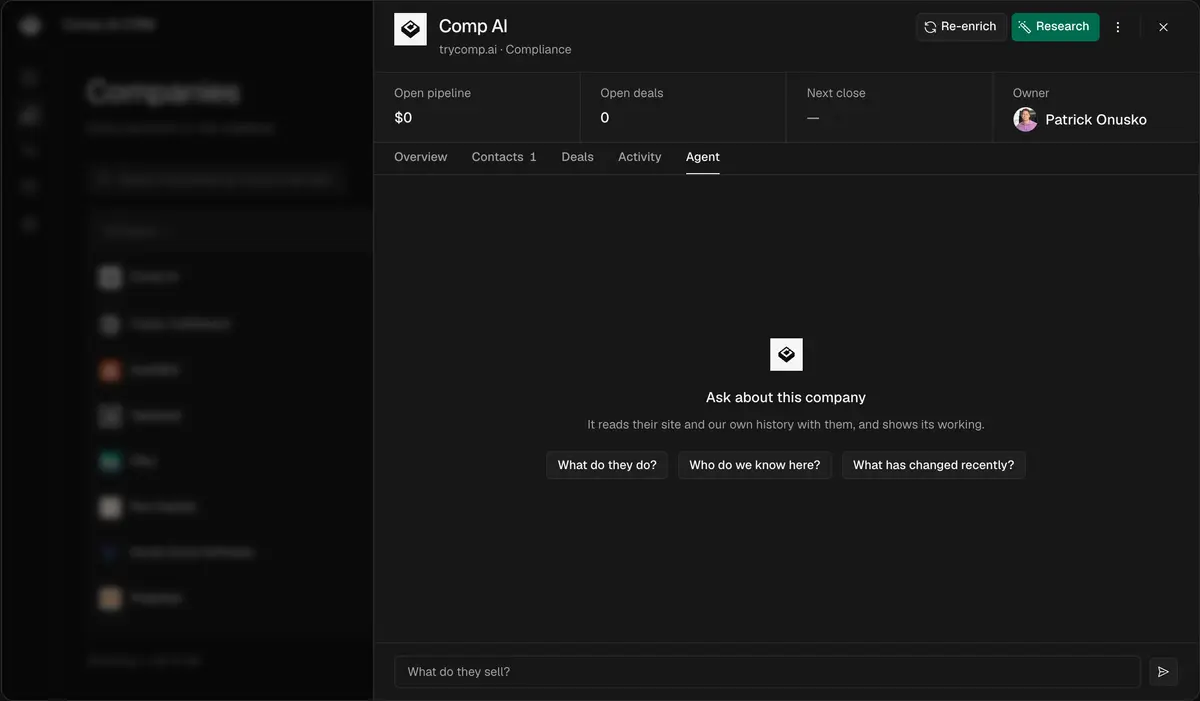 회사 목록과 한 계정의 Agent 탭이 열린 Comp AI CRM 화면