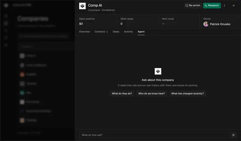 회사 목록과 한 계정의 Agent 탭이 열린 Comp AI CRM 화면