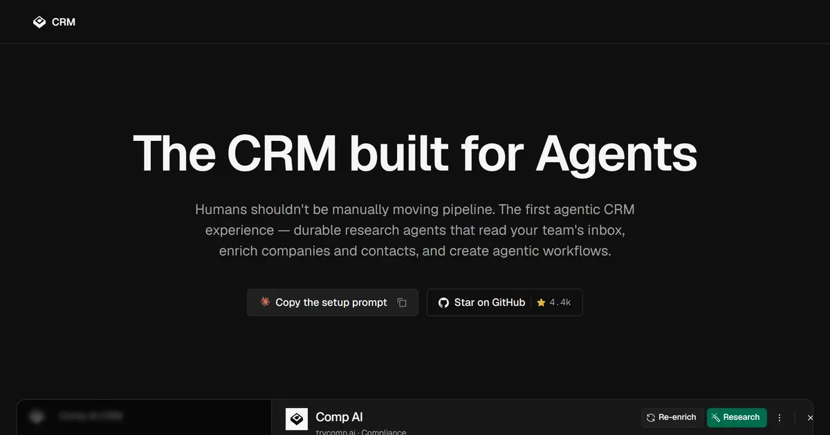 회사 목록과 한 계정의 Agent 탭이 열린 Comp AI CRM 화면