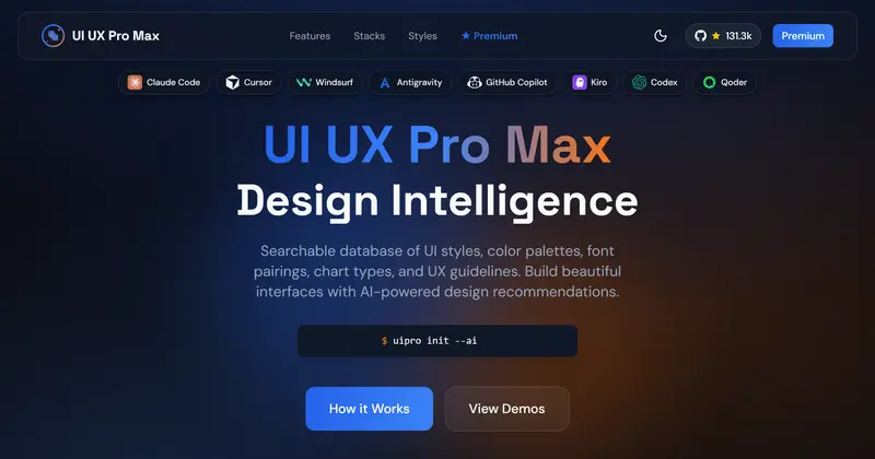 UI UX Pro Max 공식 사이트 첫 화면. 지원하는 AI 코딩 도구 목록과 'Design Intelligence' 문구, 설치 명령이 보인다.