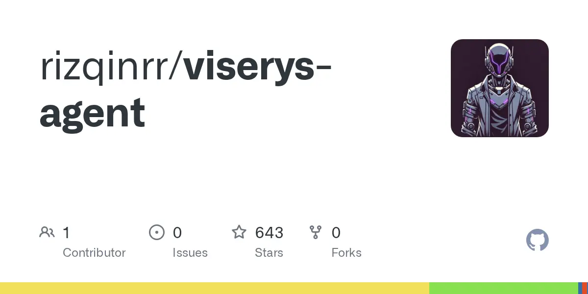 rizqinrr/viserys-agent 저장소의 GitHub 소셜 카드. 왼쪽에 저장소 이름, 오른쪽에 보라색 로봇 일러스트.