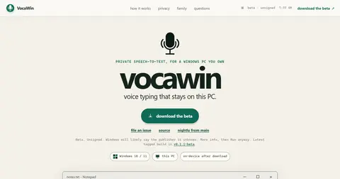 VocaWin 공식 사이트 첫 화면. 마이크 아이콘과 "voice typing that stays on this PC" 문구, 베타 내려받기 버튼이 있다.