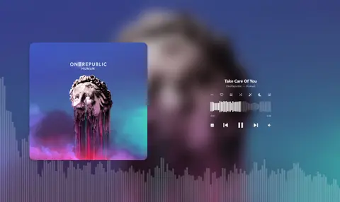 The Vynody player: album art on the left, the track title, waveform progress bar and playback controls on the right, and a spectrum along the bottom.