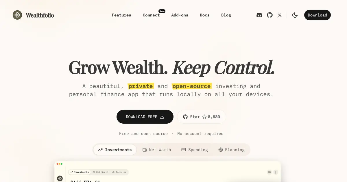 Wealthfolio 태블릿 화면 네 개. 순자산 그래프, 계좌별 배분 트리맵, 수익률 비교 차트, 배당 흐름 막대그래프가 어두운 배경에 초록색 포인트로 표시되어 있습니다.