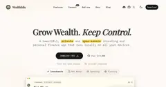 Wealthfolio 태블릿 화면 네 개. 순자산 그래프, 계좌별 배분 트리맵, 수익률 비교 차트, 배당 흐름 막대그래프가 어두운 배경에 초록색 포인트로 표시되어 있습니다.