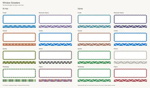 Borders rendered by Window Sweaters: knitted frames in Finder, Teams, Claude, Codex, Spotify, Notion, WhatsApp and Figma colours, in two patterns.