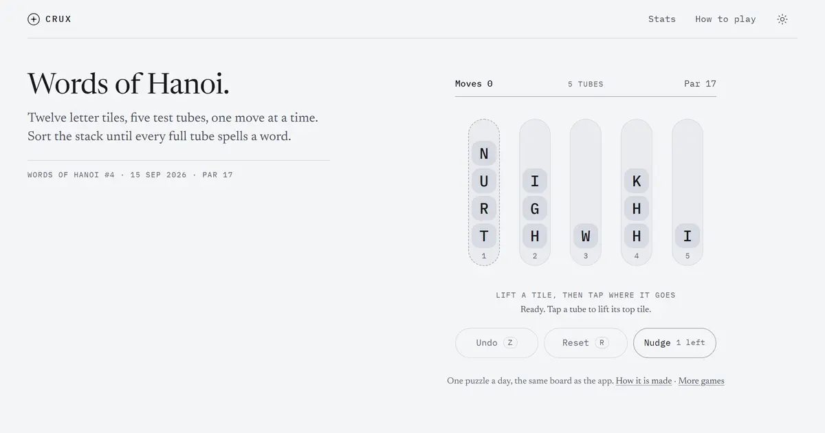 Words of Hanoi 플레이 화면. 시험관 다섯 개에 글자 타일이 쌓여 있고 위에 Moves·Par 카운터, 아래 Undo·Reset 버튼이 있습니다.