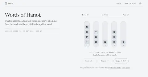 Words of Hanoi 플레이 화면. 시험관 다섯 개에 글자 타일이 쌓여 있고 위에 Moves·Par 카운터, 아래 Undo·Reset 버튼이 있습니다.