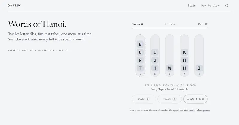 Words of Hanoi 플레이 화면. 시험관 다섯 개에 글자 타일이 쌓여 있고 위에 Moves·Par 카운터, 아래 Undo·Reset 버튼이 있습니다.