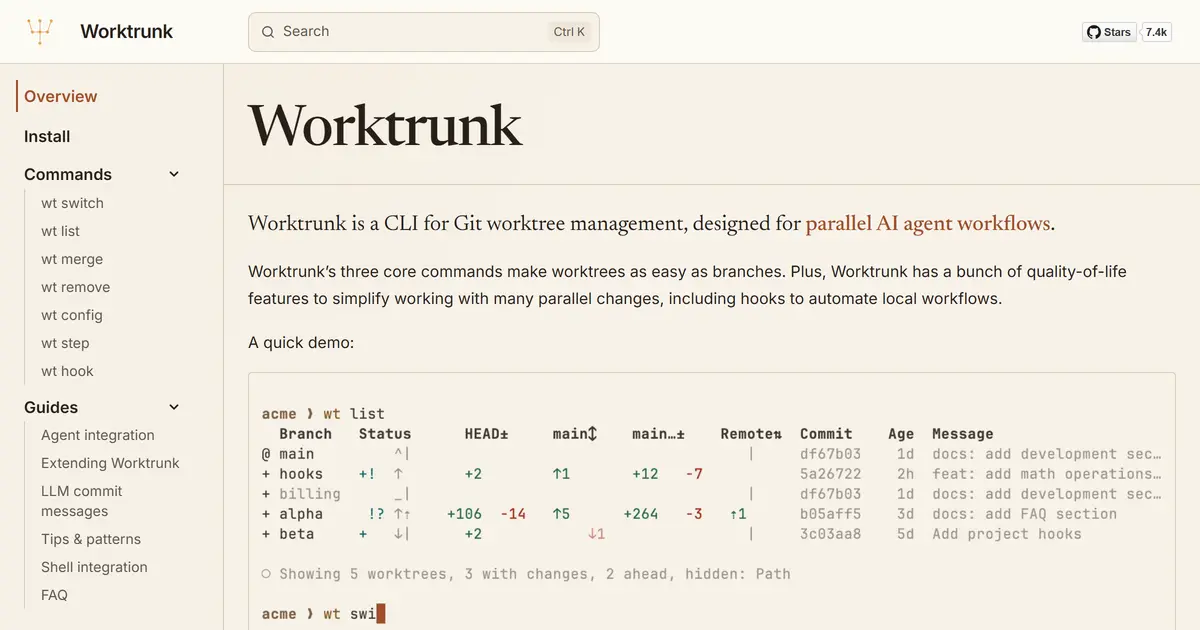 worktrunk.dev 문서 첫 화면. 왼쪽 wt switch·list·merge 명령 목록, 본문에 wt list 출력이 담긴 터미널 데모.