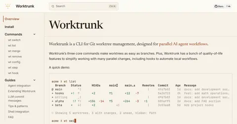 worktrunk.dev 문서 첫 화면. 왼쪽 wt switch·list·merge 명령 목록, 본문에 wt list 출력이 담긴 터미널 데모.