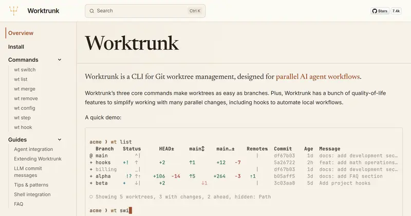 worktrunk.dev 문서 첫 화면. 왼쪽 wt switch·list·merge 명령 목록, 본문에 wt list 출력이 담긴 터미널 데모.