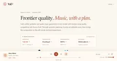 YuE2 데모 사이트. 'Music, with a plan.' 헤드라인, 모델·벤치마크 링크 상자, 하단 오디오 플레이어.